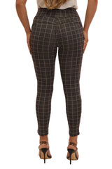 High Waist Sculpting Treggings With Front Pockets - Grey & White Plaid - SHOSHO Fashion