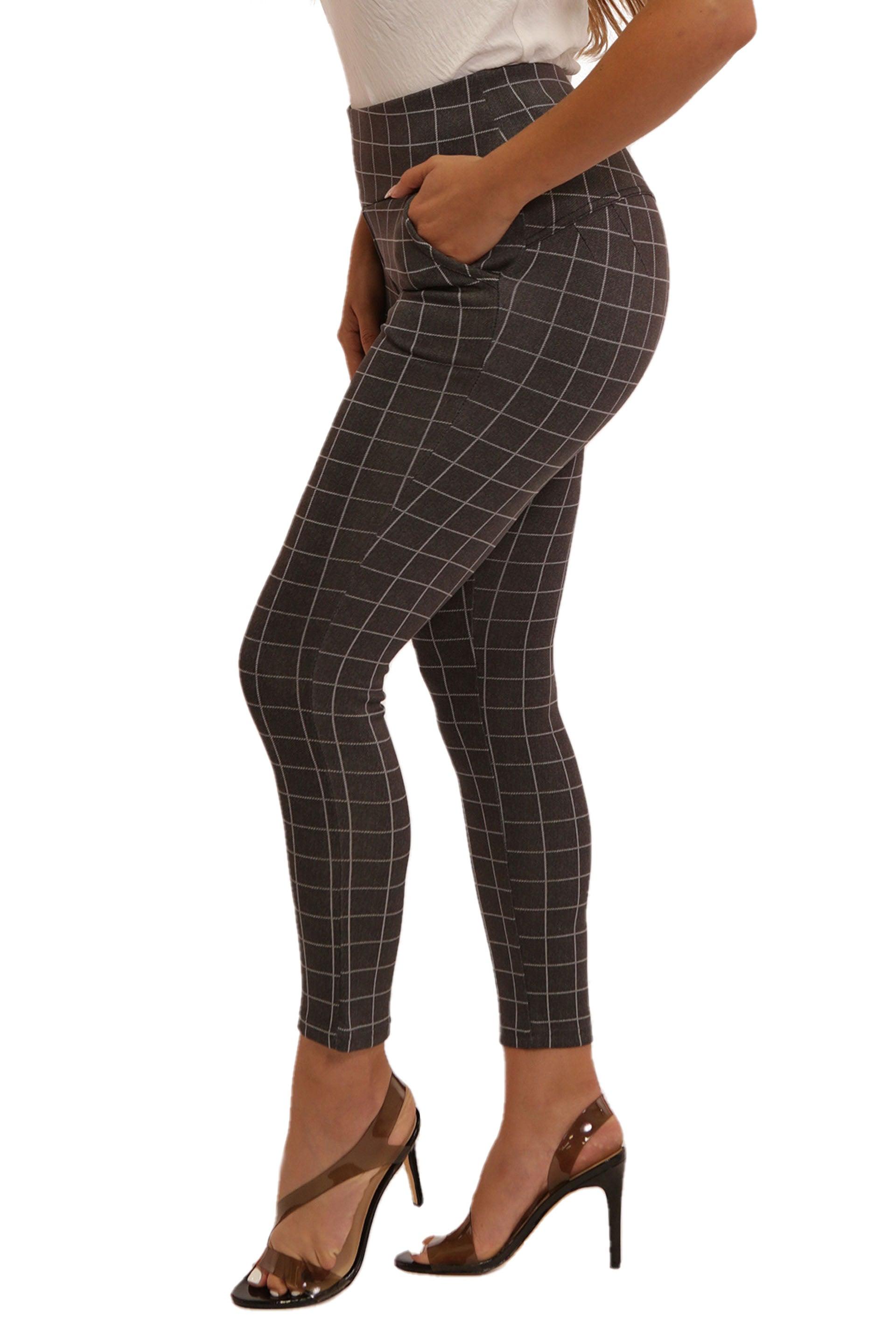 High Waist Sculpting Treggings With Front Pockets - Grey & White Plaid - SHOSHO Fashion