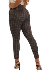 High Waist Sculpting Treggings With Front Pockets - Grey & White Plaid - SHOSHO Fashion