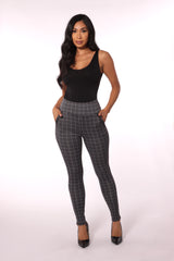 High Waist Sculpting Treggings With Zipper Pocket Trim - Gray & White Plaid - SHOSHO Fashion