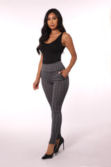 High Waist Sculpting Treggings With Zipper Pocket Trim - Gray & White Plaid - SHOSHO Fashion