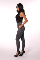 High Waist Sculpting Treggings With Zipper Pocket Trim - Gray & White Plaid - SHOSHO Fashion