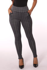 High Waist Sculpting Treggings With Zipper Pocket Trim - Gray & White Plaid - SHOSHO Fashion