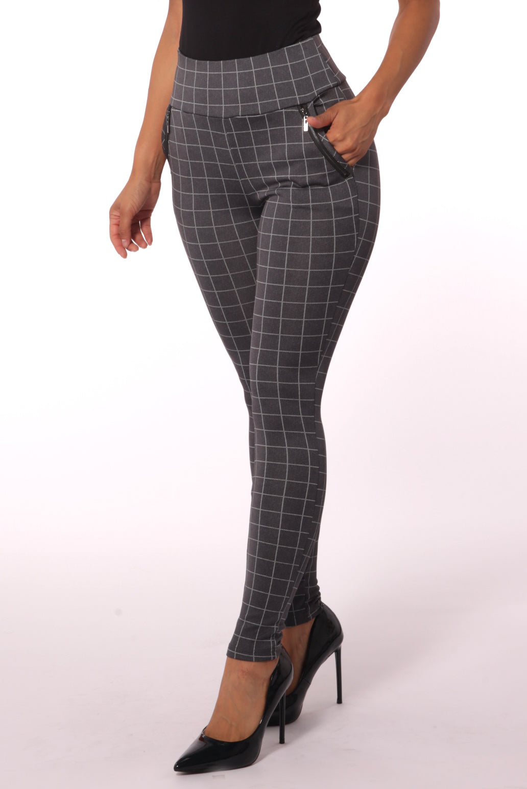 High Waist Sculpting Treggings With Zipper Pocket Trim - Gray & White Plaid - SHOSHO Fashion