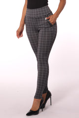 High Waist Sculpting Treggings With Zipper Pocket Trim - Gray & White Plaid - SHOSHO Fashion