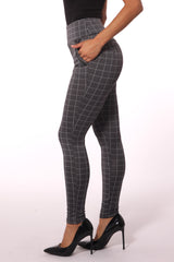 High Waist Sculpting Treggings With Zipper Pocket Trim - Gray & White Plaid - SHOSHO Fashion