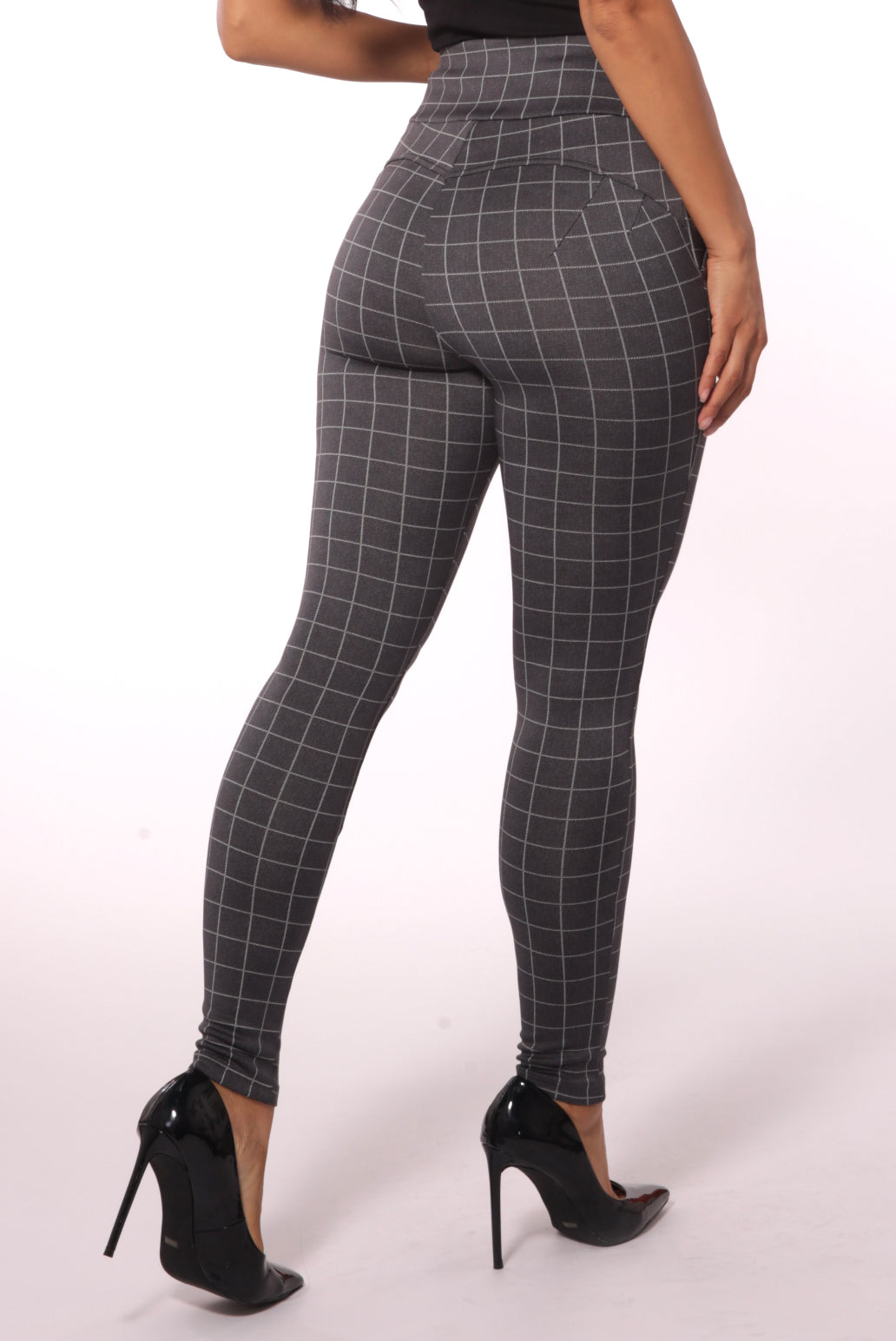 High Waist Sculpting Treggings With Zipper Pocket Trim - Gray & White Plaid - SHOSHO Fashion