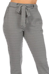 High Waist Slim Fit Pants With Waist Tie & Pockets - White & Black Plaid Houndstooth Print - SHOSHO Fashion