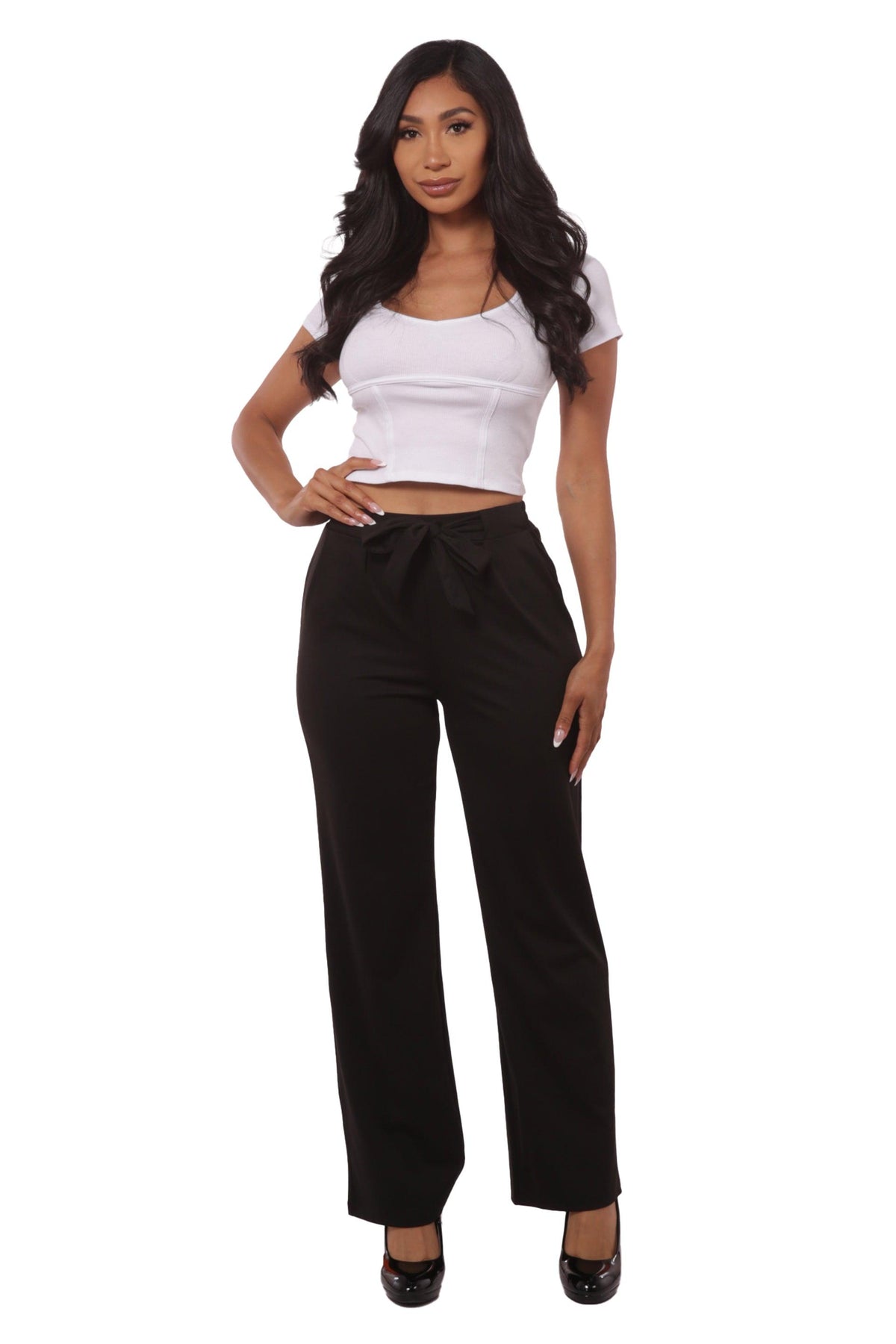 High Waist Straight Leg Pants With Waist Tie - Black - SHOSHO Fashion