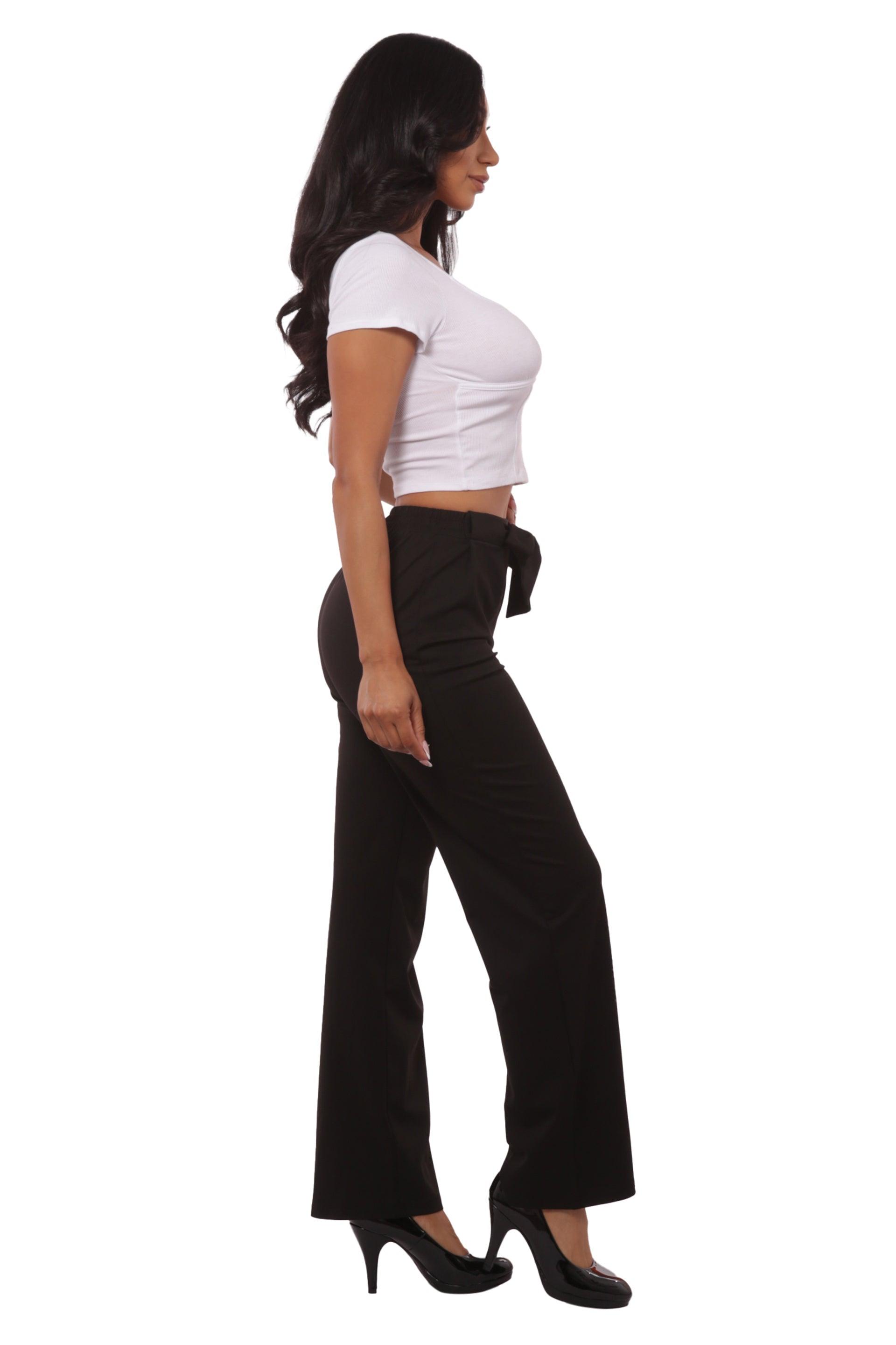 High Waist Straight Leg Pants With Waist Tie - Black - SHOSHO Fashion