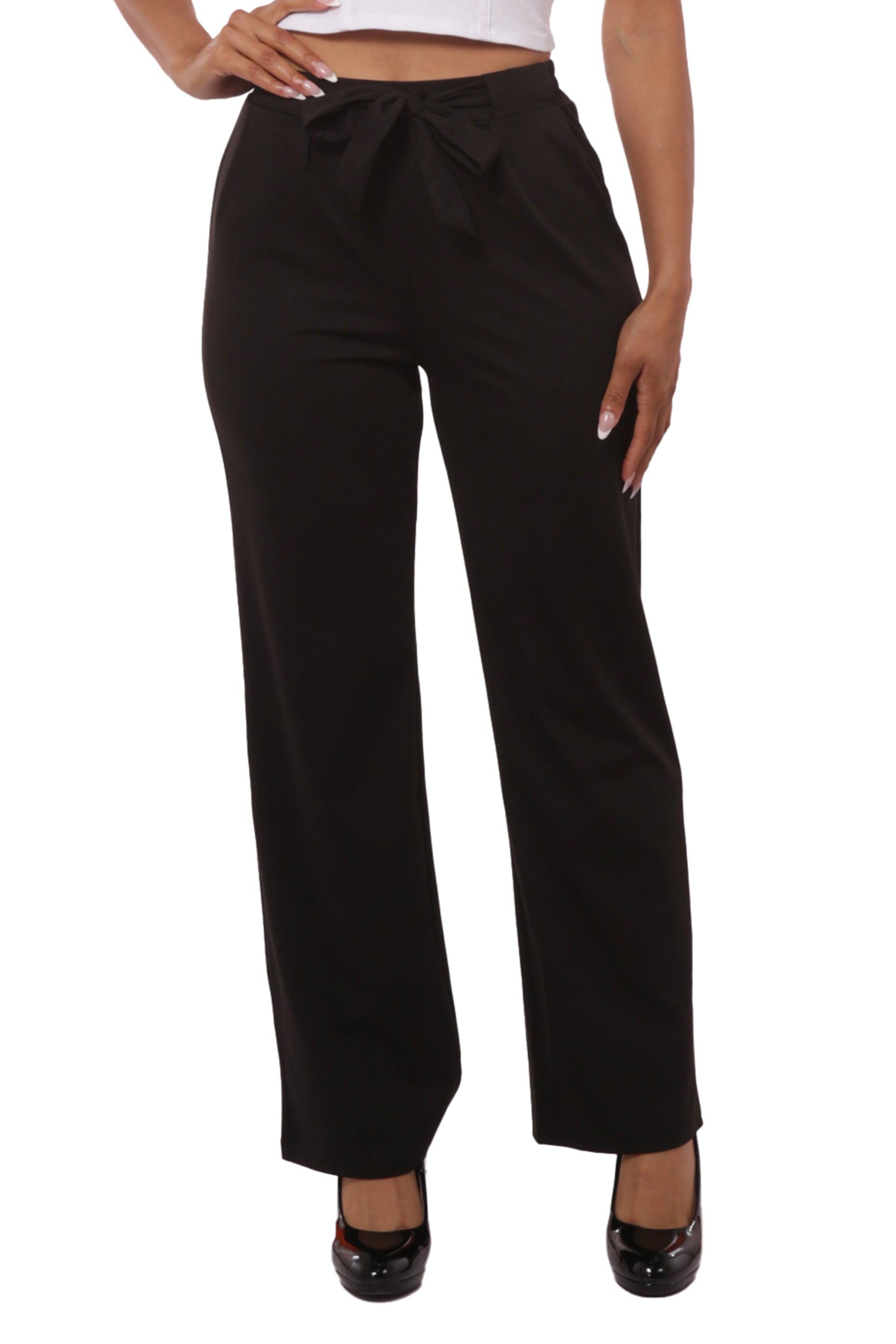 High Waist Straight Leg Pants With Waist Tie - Black - SHOSHO Fashion