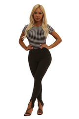 High Waist Treggings With Front Leg Slits - Black - SHOSHO Fashion