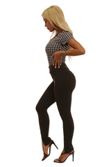 High Waist Treggings With Front Leg Slits - Black - SHOSHO Fashion