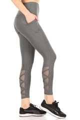 High Waist Tummy Control Sports Leggings With Pockets & Mesh Panels With Crossed Straps - Dark Heather Grey - SHOSHO Fashion