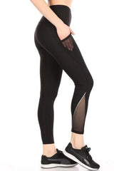 High Waist Tummy Control Sports Leggings With Side Mesh Pockets & Reflective Leg Detail - Black - SHOSHO Fashion