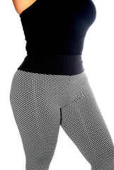 High Waist Two Tone Textured Honeycomb Butt Scrunch Yoga Leggings - Black, White - SHOSHO Fashion