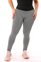 High Waist Two Tone Textured Honeycomb Butt Scrunch Yoga Leggings - Black, White - SHOSHO Fashion