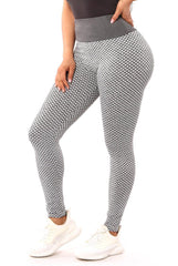High Waist Two Tone Textured Honeycomb Butt Scrunch Yoga Leggings - Gray, White - SHOSHO Fashion