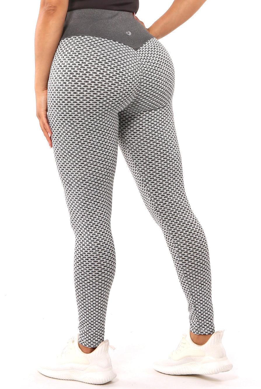 High Waist Two Tone Textured Honeycomb Butt Scrunch Yoga Leggings - Gray, White - SHOSHO Fashion