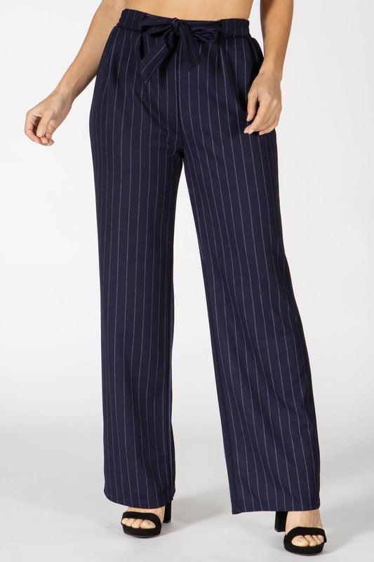 Knit Crepe Straight Leg Pants With Waist Tie - Navy, White Stripes - SHOSHO Fashion