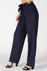 Knit Crepe Straight Leg Pants With Waist Tie - Navy, White Stripes - SHOSHO Fashion