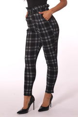 Paperbag Waist Knit Crepe Pleat Pants With Buckle Belt - Black, Gray Plaid - SHOSHO Fashion
