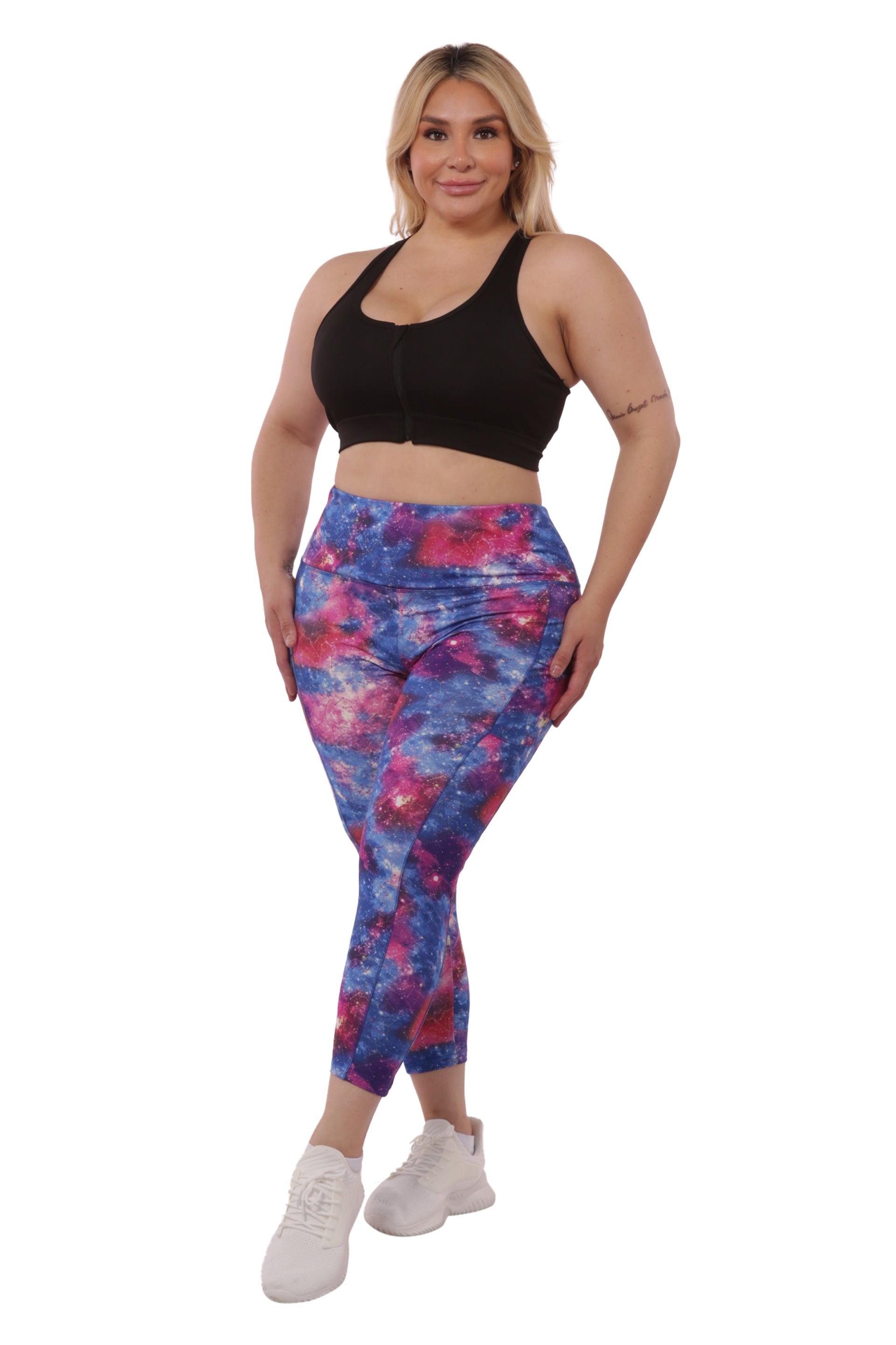 Plus Size High Waist Tummy Control Sports Leggings With Side Pockets - Blue & Pink Galaxy - SHOSHO Fashion