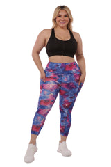 Plus Size High Waist Tummy Control Sports Leggings With Side Pockets - Blue & Pink Galaxy - SHOSHO Fashion