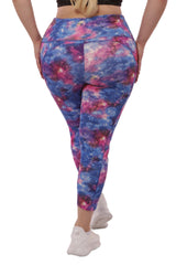 Plus Size High Waist Tummy Control Sports Leggings With Side Pockets - Blue & Pink Galaxy - SHOSHO Fashion