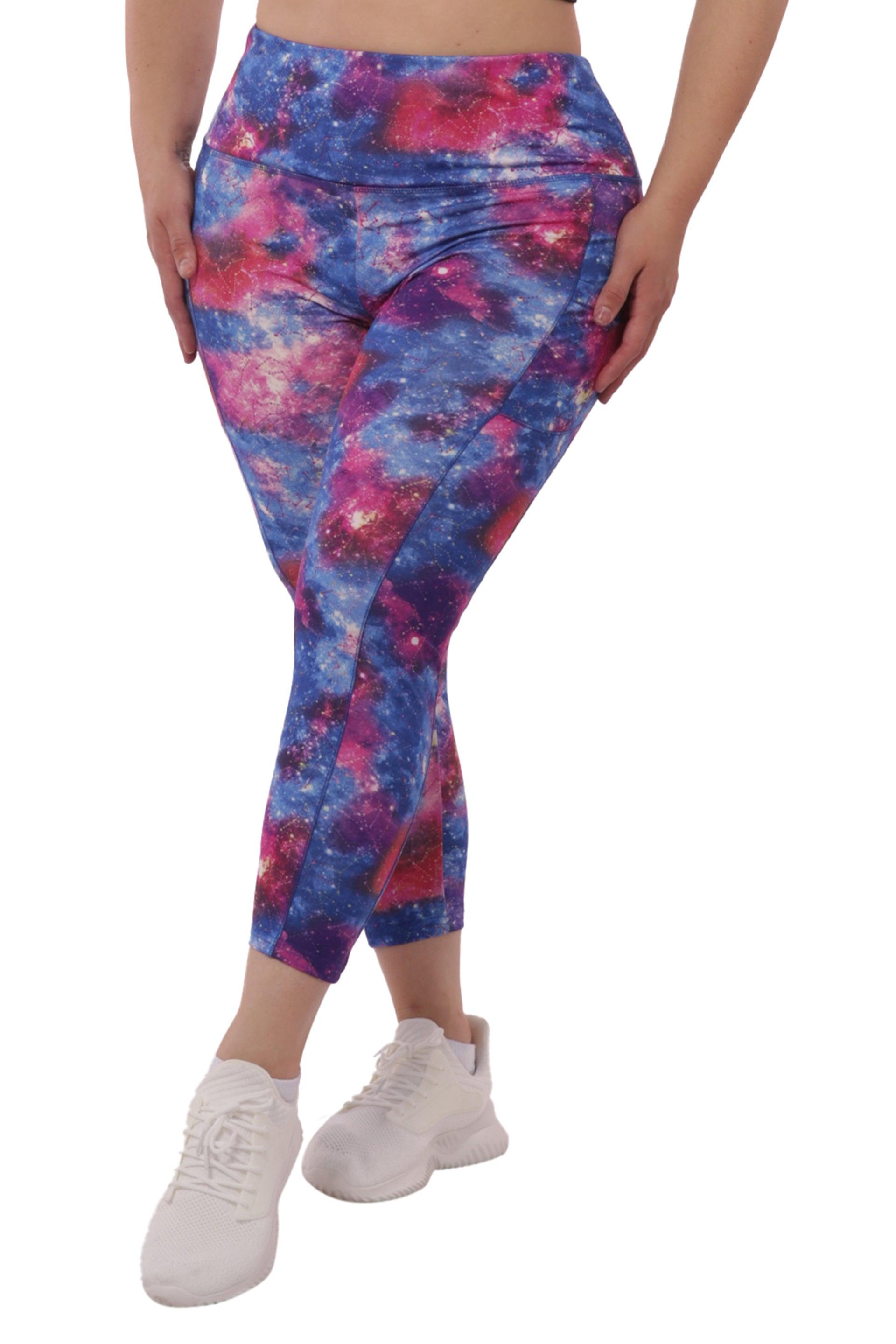 Plus Size High Waist Tummy Control Sports Leggings With Side Pockets - Blue & Pink Galaxy - SHOSHO Fashion