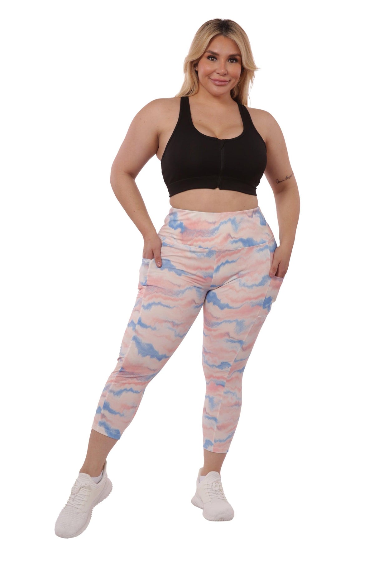 Plus Size High Waist Tummy Control Sports Leggings With Side Pockets - Pink & Blue Tie Dye - SHOSHO Fashion