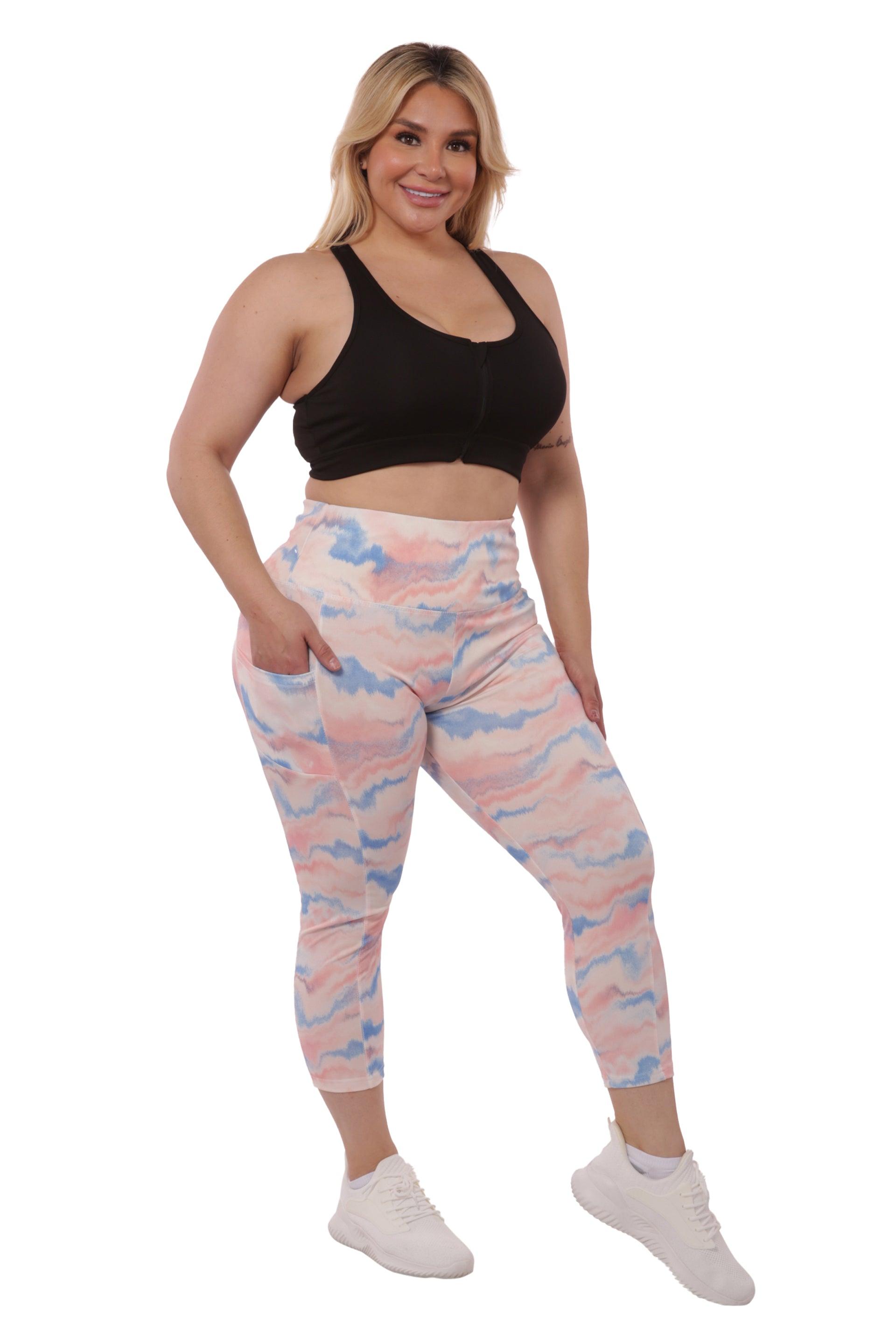 Plus Size High Waist Tummy Control Sports Leggings With Side Pockets - Pink & Blue Tie Dye - SHOSHO Fashion