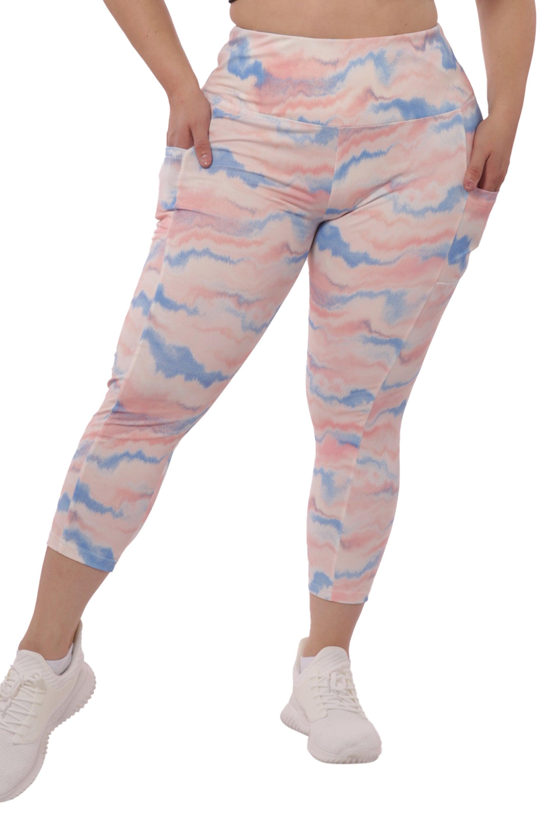 Plus Size High Waist Tummy Control Sports Leggings With Side Pockets - Pink & Blue Tie Dye - SHOSHO Fashion