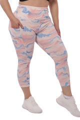 Plus Size High Waist Tummy Control Sports Leggings With Side Pockets - Pink & Blue Tie Dye - SHOSHO Fashion