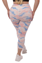 Plus Size High Waist Tummy Control Sports Leggings With Side Pockets - Pink & Blue Tie Dye - SHOSHO Fashion