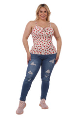 Plus Size Lace-Up Tank Ribbed Tops - Red & White Strawberry Hearts - SHOSHO Fashion