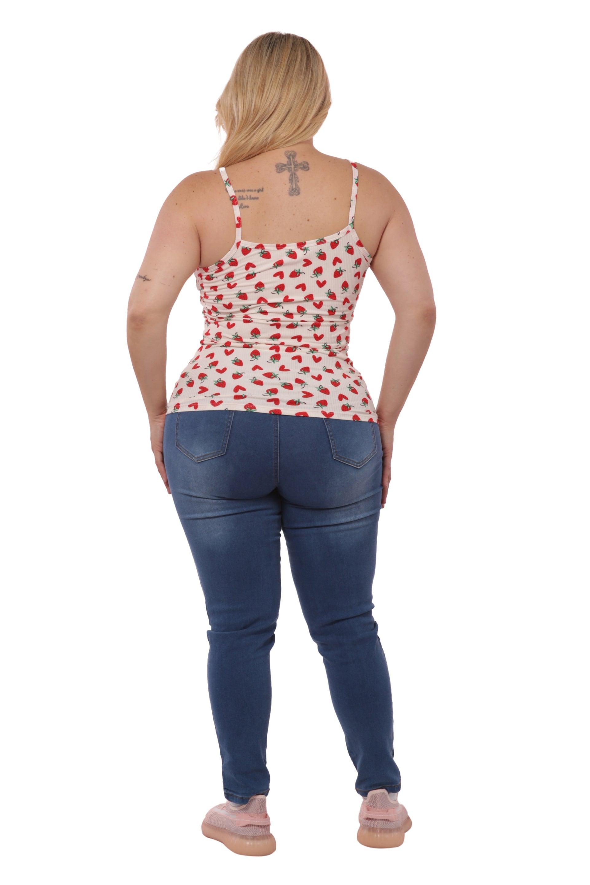 Plus Size Lace-Up Tank Ribbed Tops - Red & White Strawberry Hearts - SHOSHO Fashion