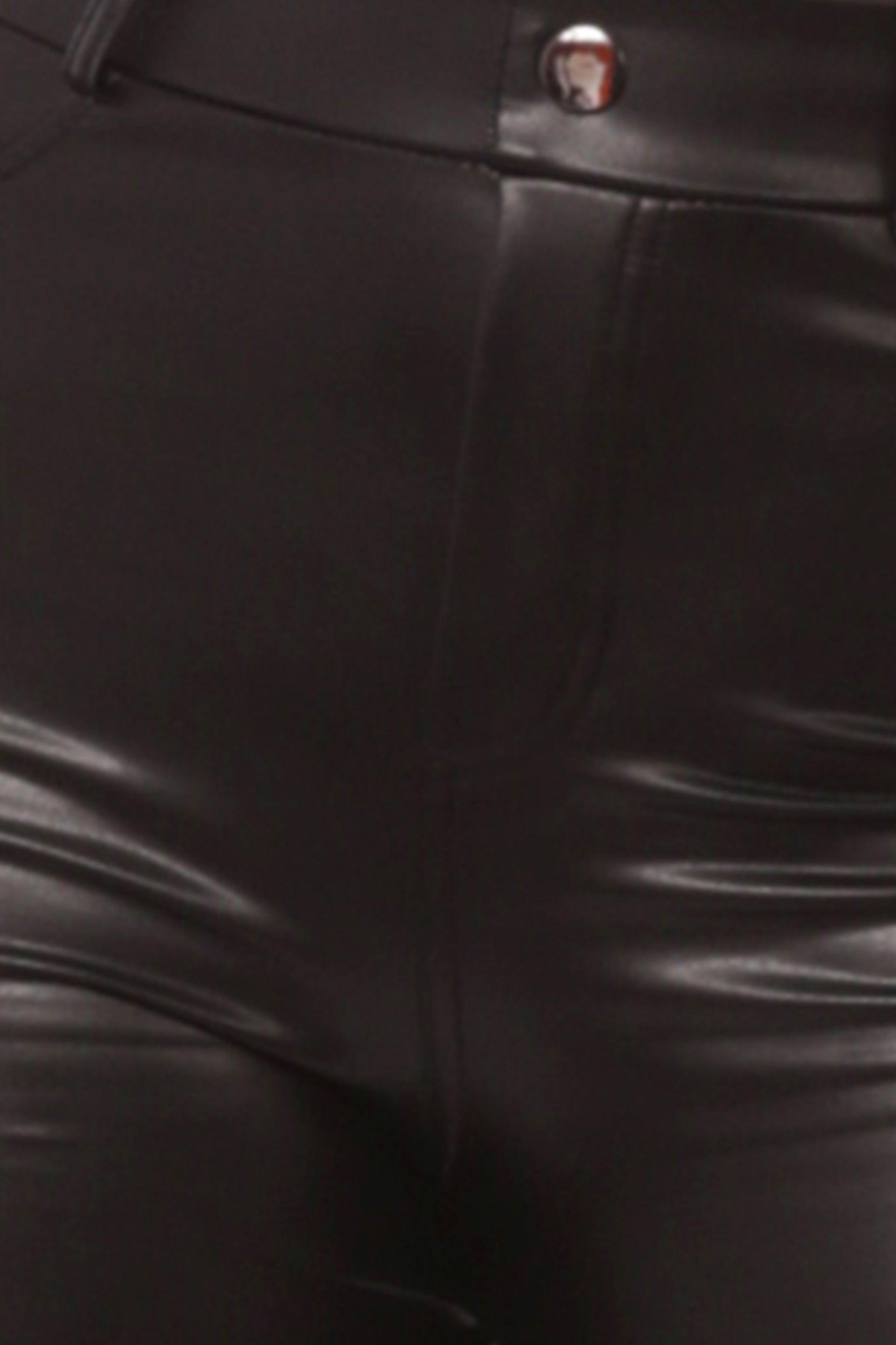 Plus Size PU Faux Leather Flare Pants With Back Pockets & Button Waist Detail - Black - SHOSHO Fashion