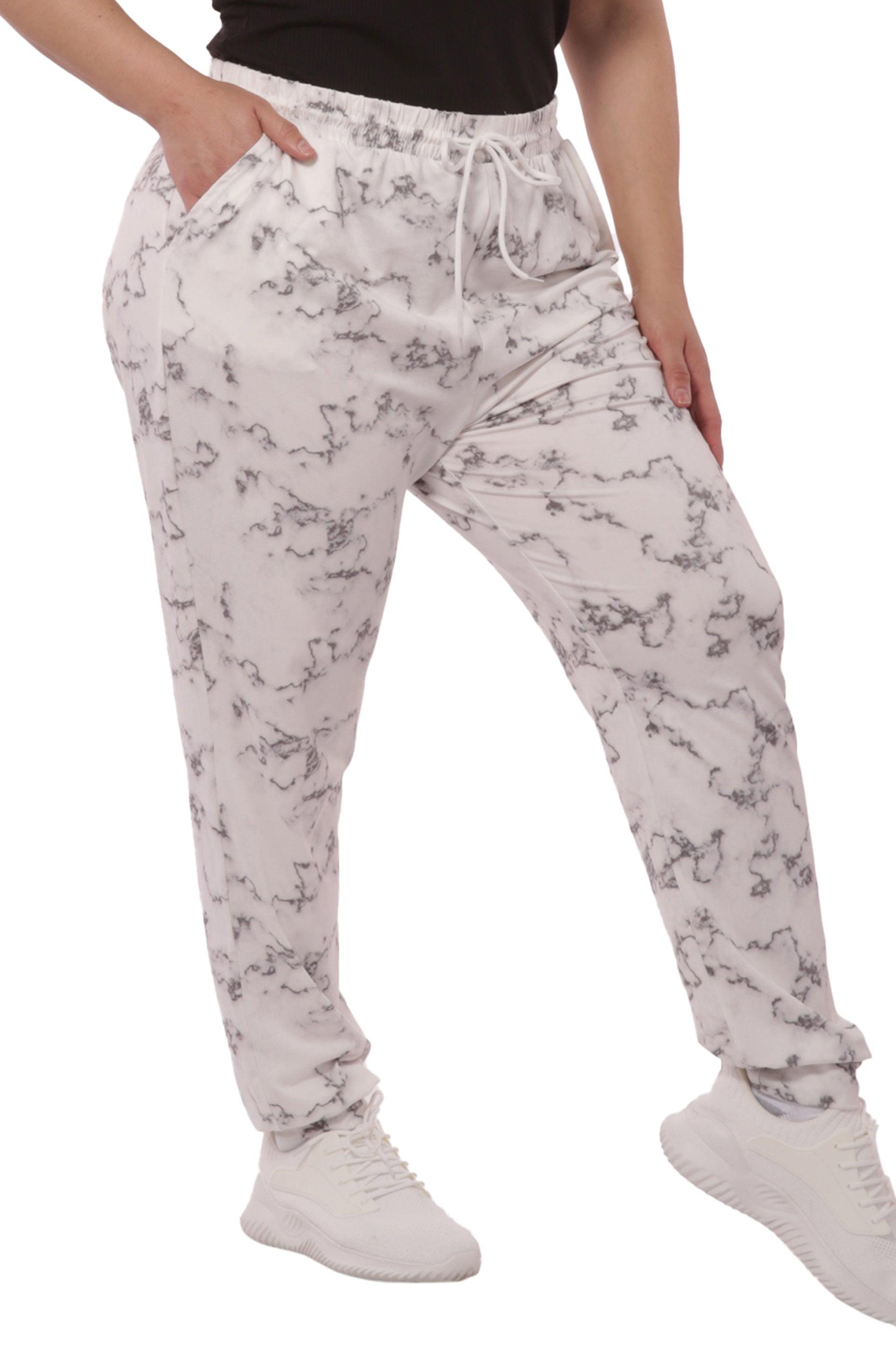 Plus Size Soft Brushed Joggers With Shoe Lace Tie - Grey & White Marble - SHOSHO Fashion