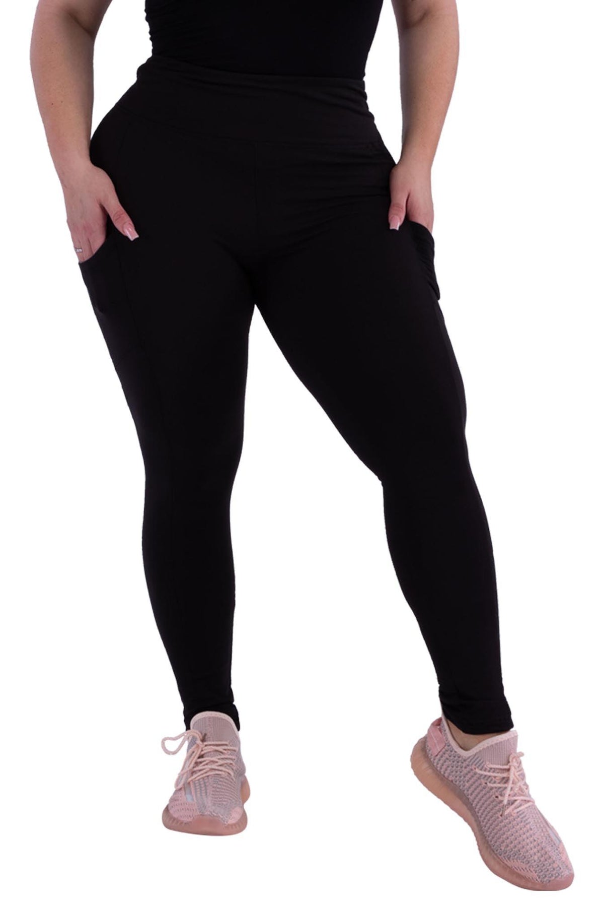 Plus Size Solid Fleece Lined Sports Leggings With Side Pockets - Black - SHOSHO Fashion