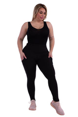 Plus Size Solid Fleece Lined Sports Leggings With Side Pockets - Black - SHOSHO Fashion