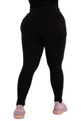 Plus Size Solid Fleece Lined Sports Leggings With Side Pockets - Black - SHOSHO Fashion