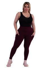 Plus Size Solid Fleece Lined Sports Leggings With Side Pockets - Burgundy - SHOSHO Fashion