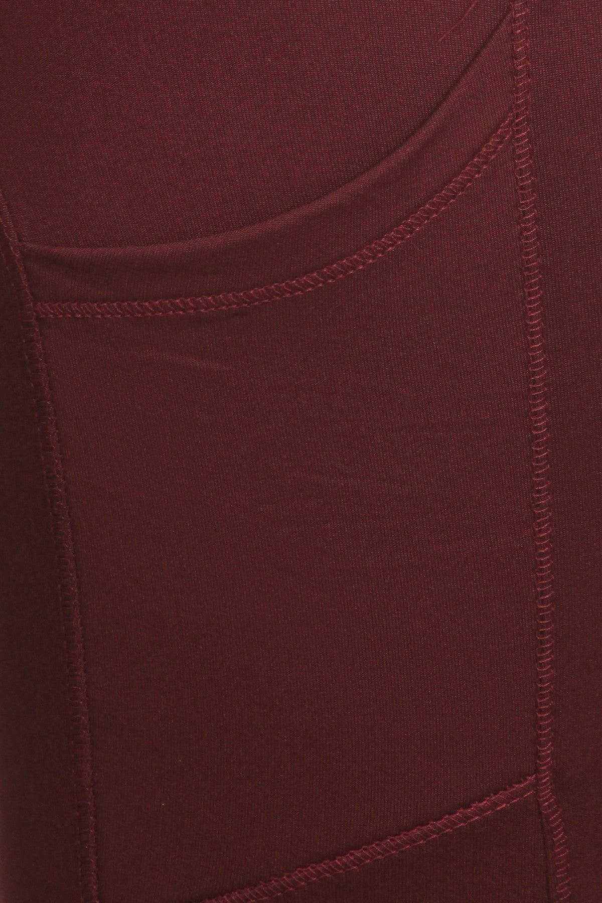Plus Size Solid Fleece Lined Sports Leggings With Side Pockets - Burgundy