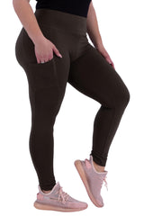 Plus Size Solid Fleece Lined Sports Leggings With Side Pockets - Olive - SHOSHO Fashion