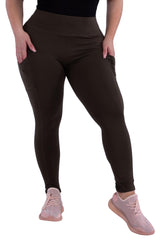 Plus Size Solid Fleece Lined Sports Leggings With Side Pockets - Olive - SHOSHO Fashion