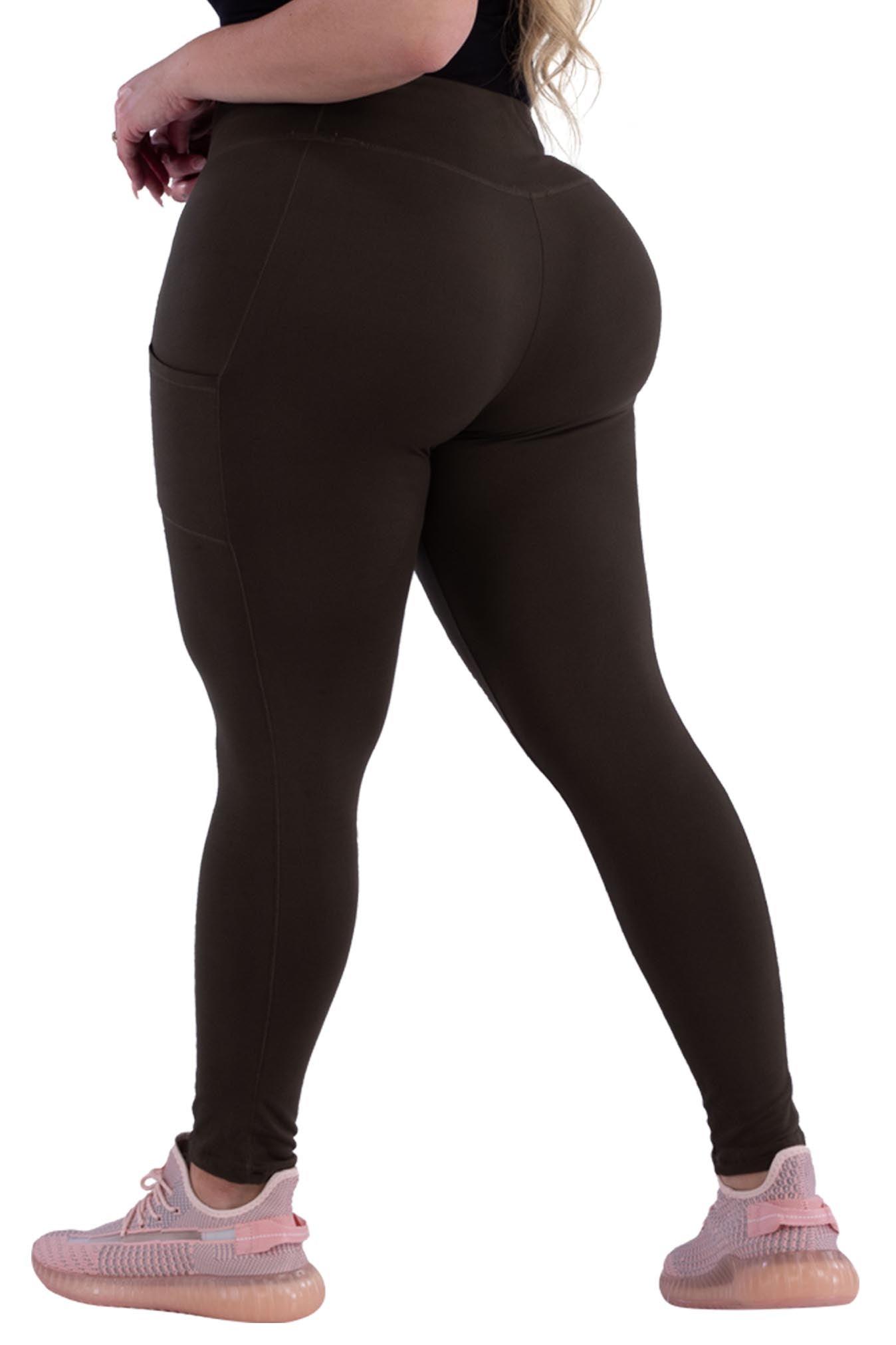 Plus Size Solid Fleece Lined Sports Leggings With Side Pockets - Olive - SHOSHO Fashion