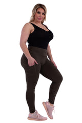 Plus Size Solid Fleece Lined Sports Leggings With Side Pockets - Olive - SHOSHO Fashion