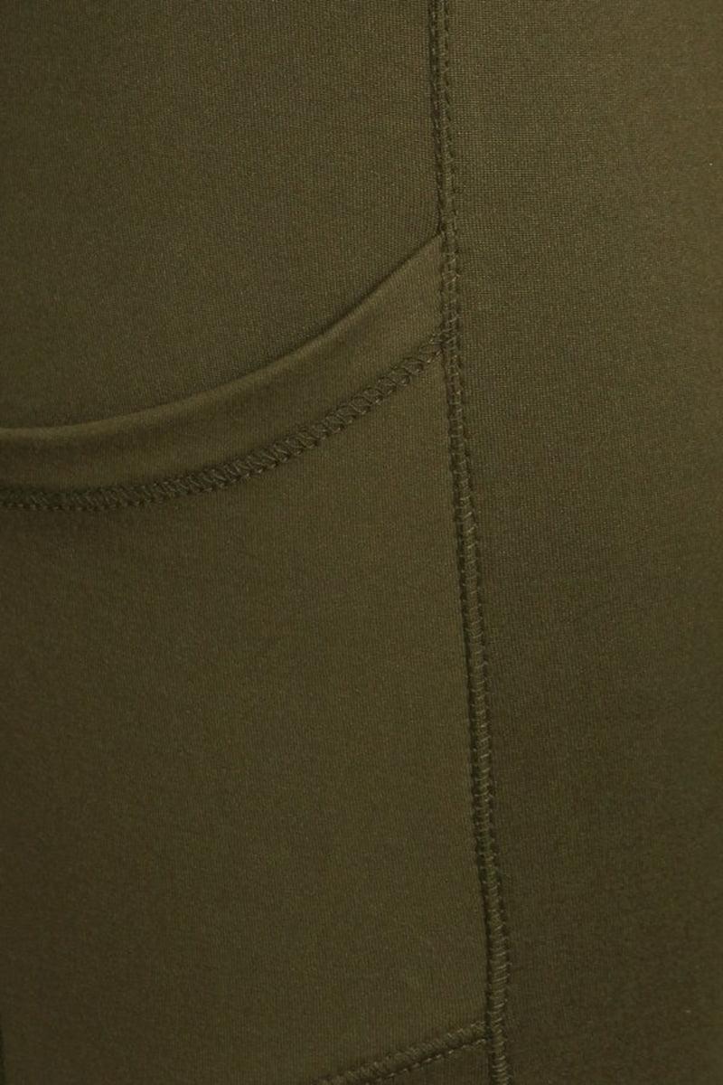 Plus Size Solid Fleece Lined Sports Leggings With Side Pockets - Olive - SHOSHO Fashion