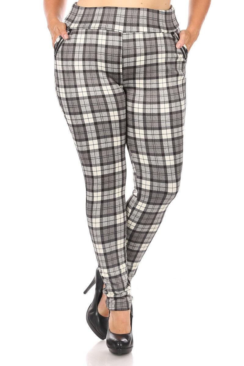 Plus Size Treggings With Zipper Pocket Trim - Gray & White Plaid - SHOSHO Fashion